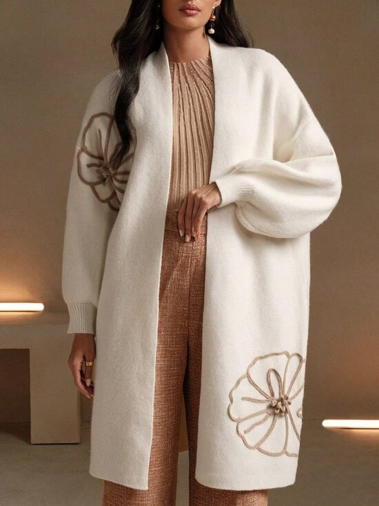 Sweaters - Apricot Casual Women's French Elegant Floral Pattern Mid-Length Cardigan